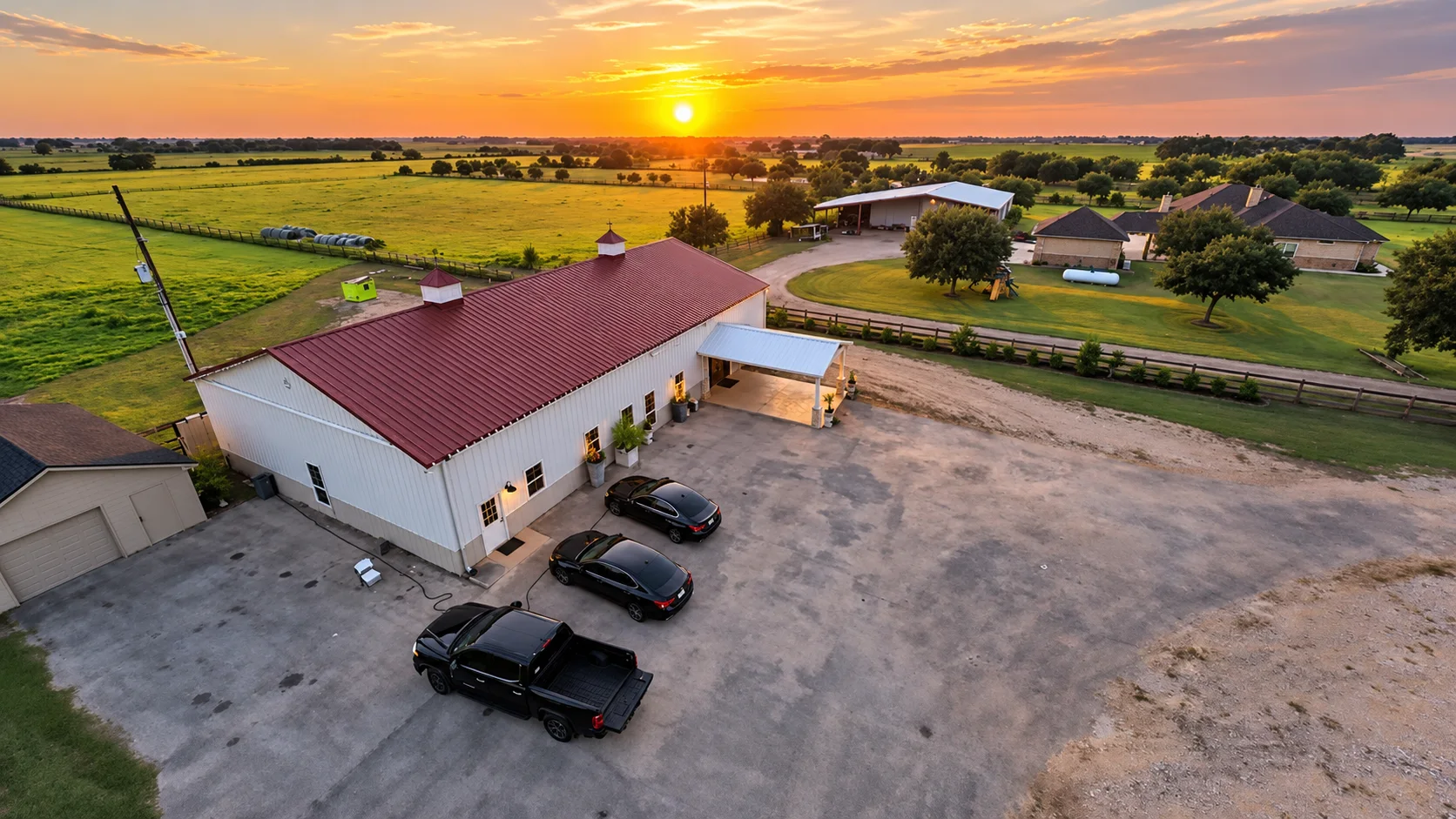 Aerial view of the ranch event building and grounds at sunset