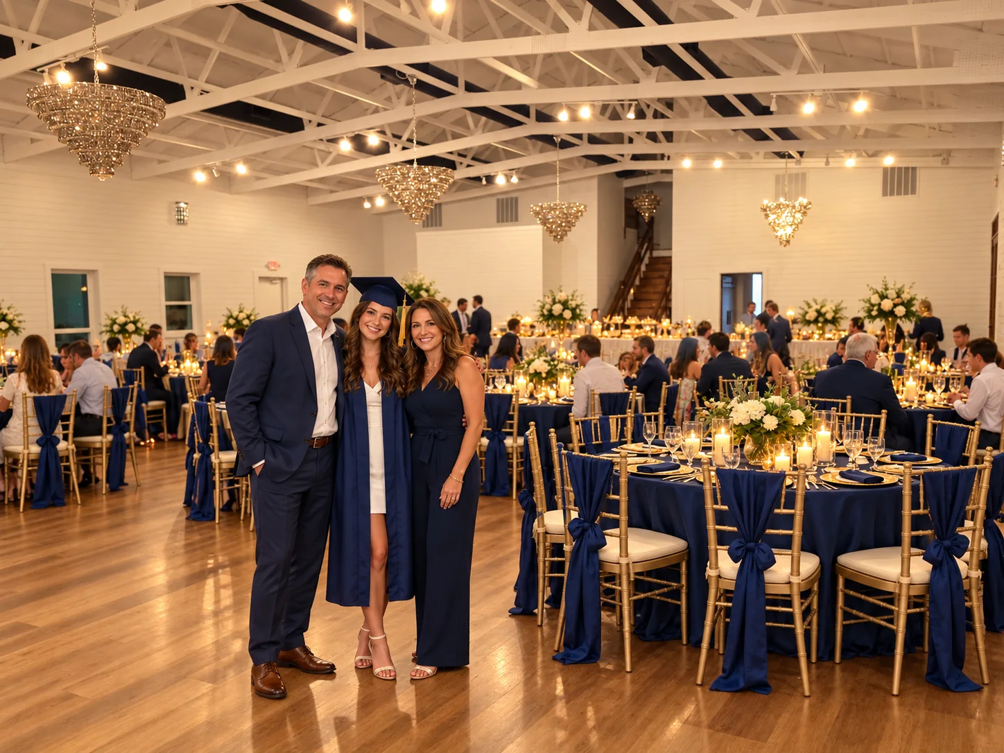 Graduate posing with family near reception tables in the Texas AZ Paradise Ranch event hall