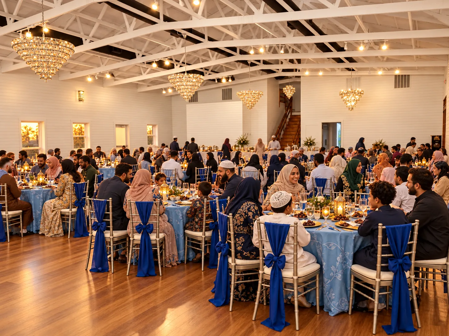 Guests gathered at the ranch ballroom tables at sunset for an Iftar meal