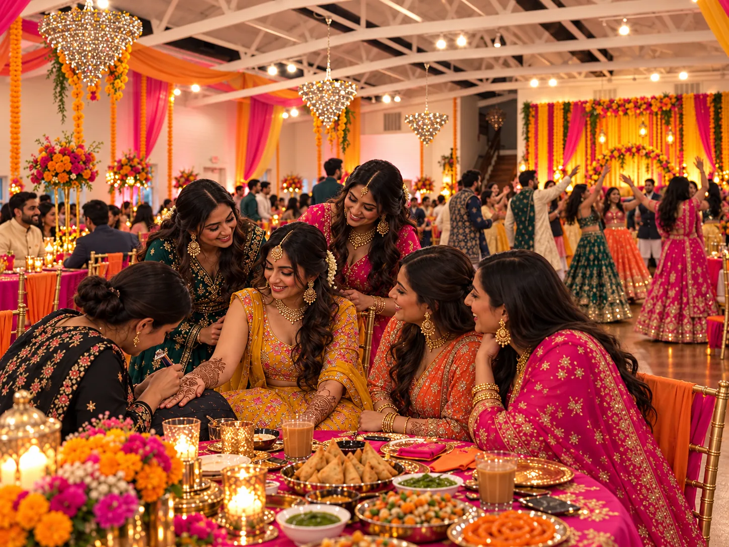 A henna artist works with the guest of honor while relatives gather in colorful South Asian clothing inside the ranch ballroom