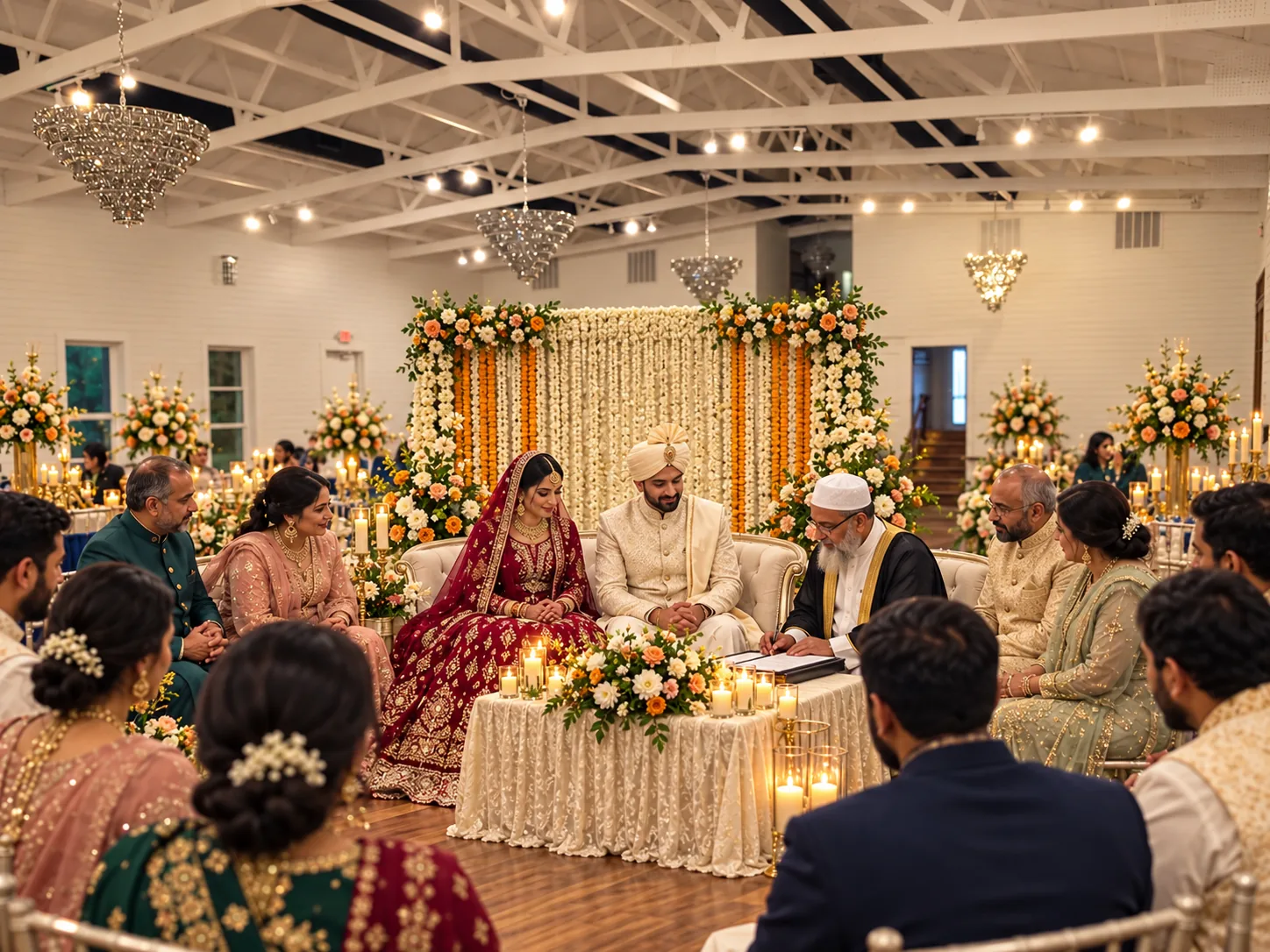 A couple seated with relatives during a Nikkah ceremony in the ranch ballroom