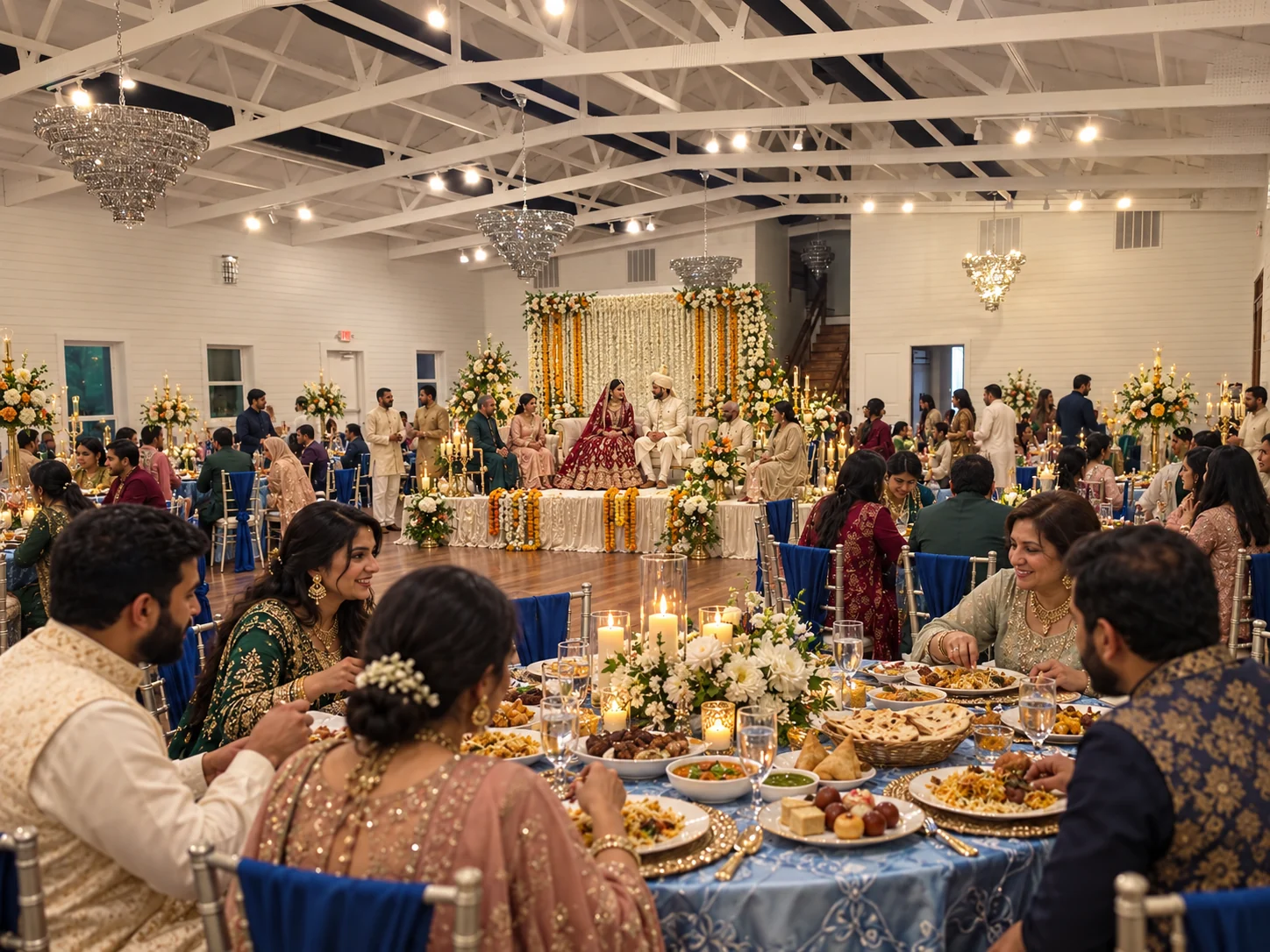 Nikkah scene with South Asian formal clothing, floral ceremony stage, and catered meal in the ranch ballroom