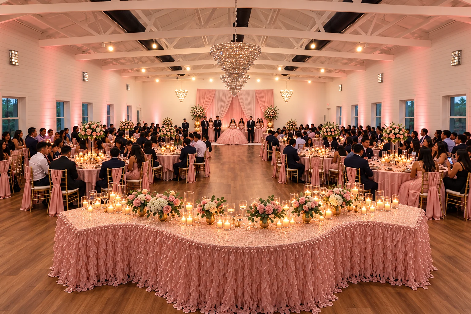 Blush and rose-gold quinceañera reception inside the ranch ballroom