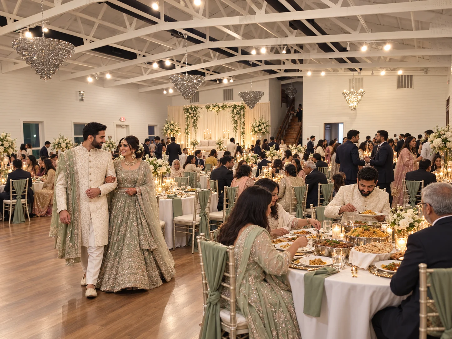 Walima reception scene with couple in South Asian formal dress and guests sharing dinner in the ranch ballroom