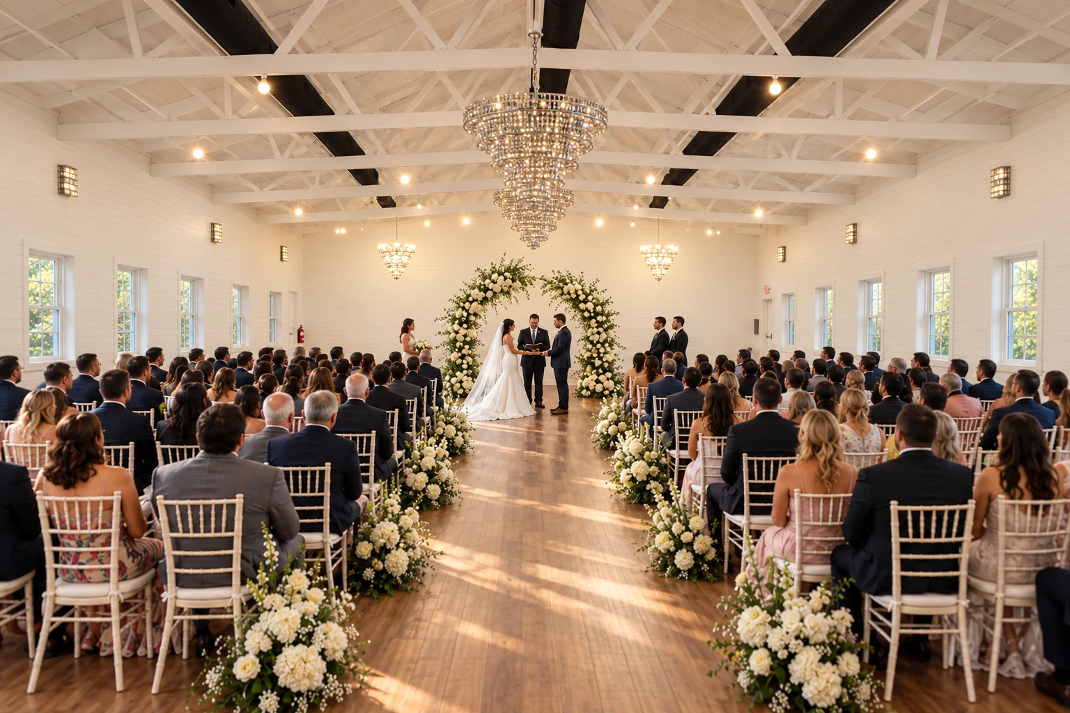 Symmetrical wedding ceremony aisle and floral stage in the Texas AZ Paradise Ranch event hall