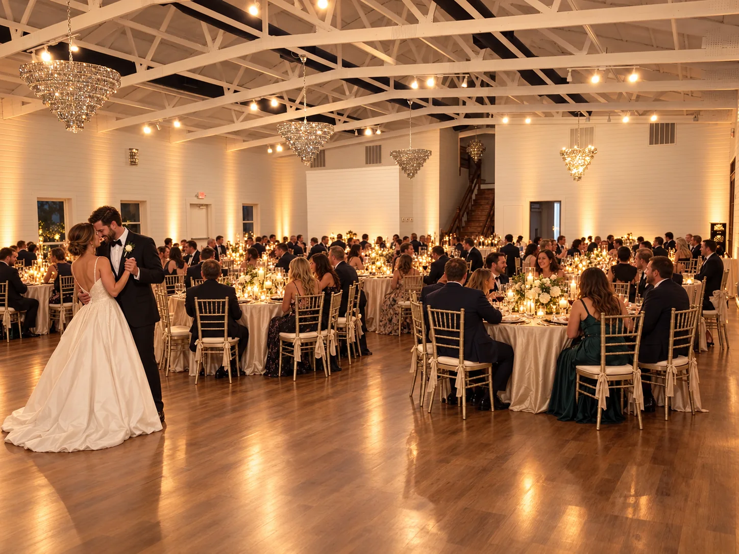 Evening wedding reception with couple dancing and guests in the Texas AZ Paradise Ranch event hall