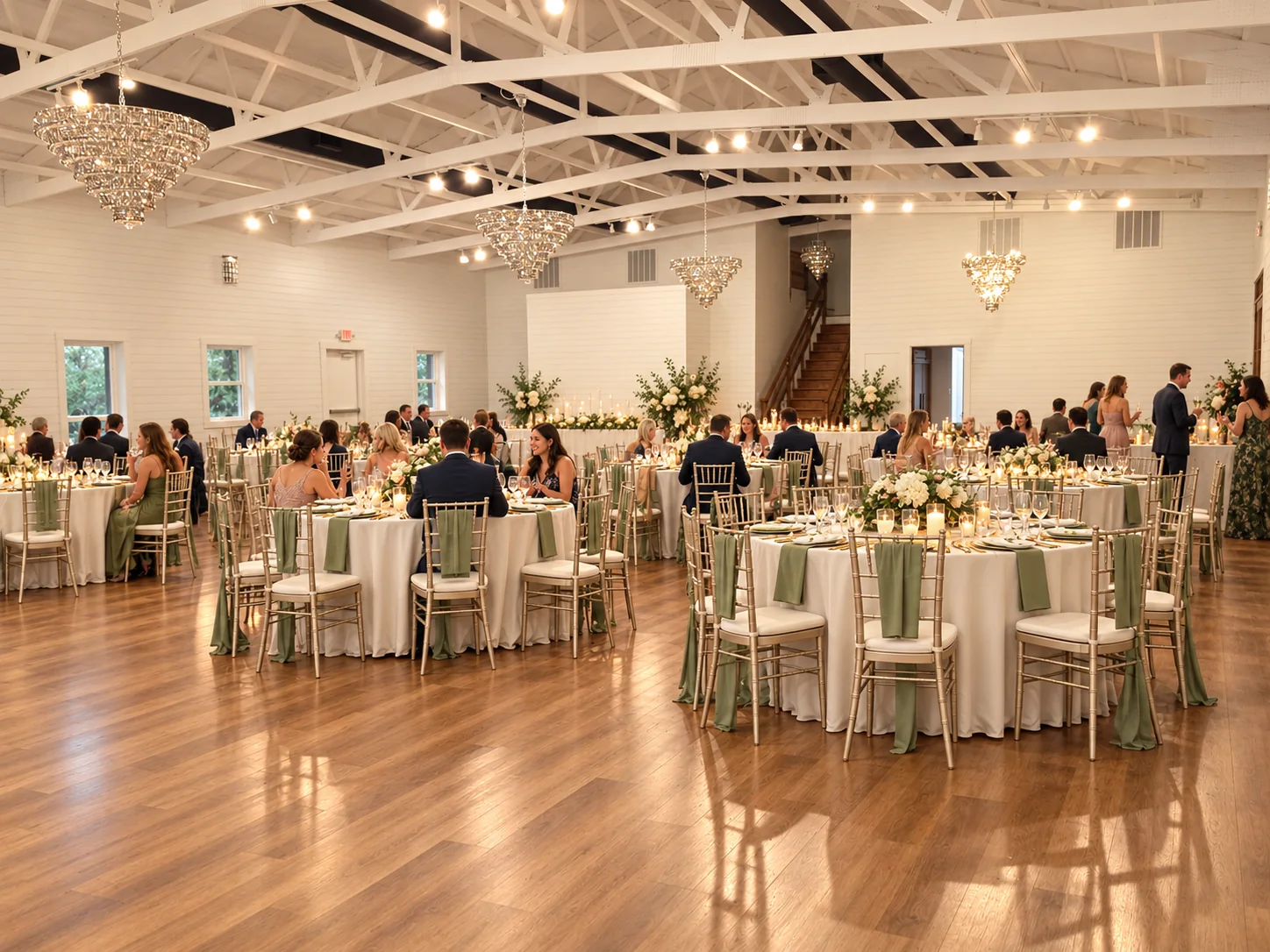 Ivory and sage wedding reception with seated guests in the Texas AZ Paradise Ranch event hall