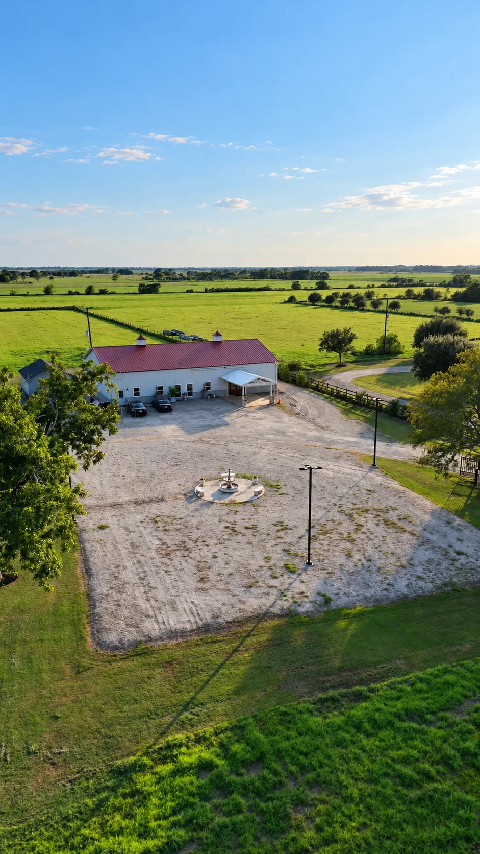 Aerial view of the fountain and venue at Texas AZ Paradise Ranch in Richmond, Texas.