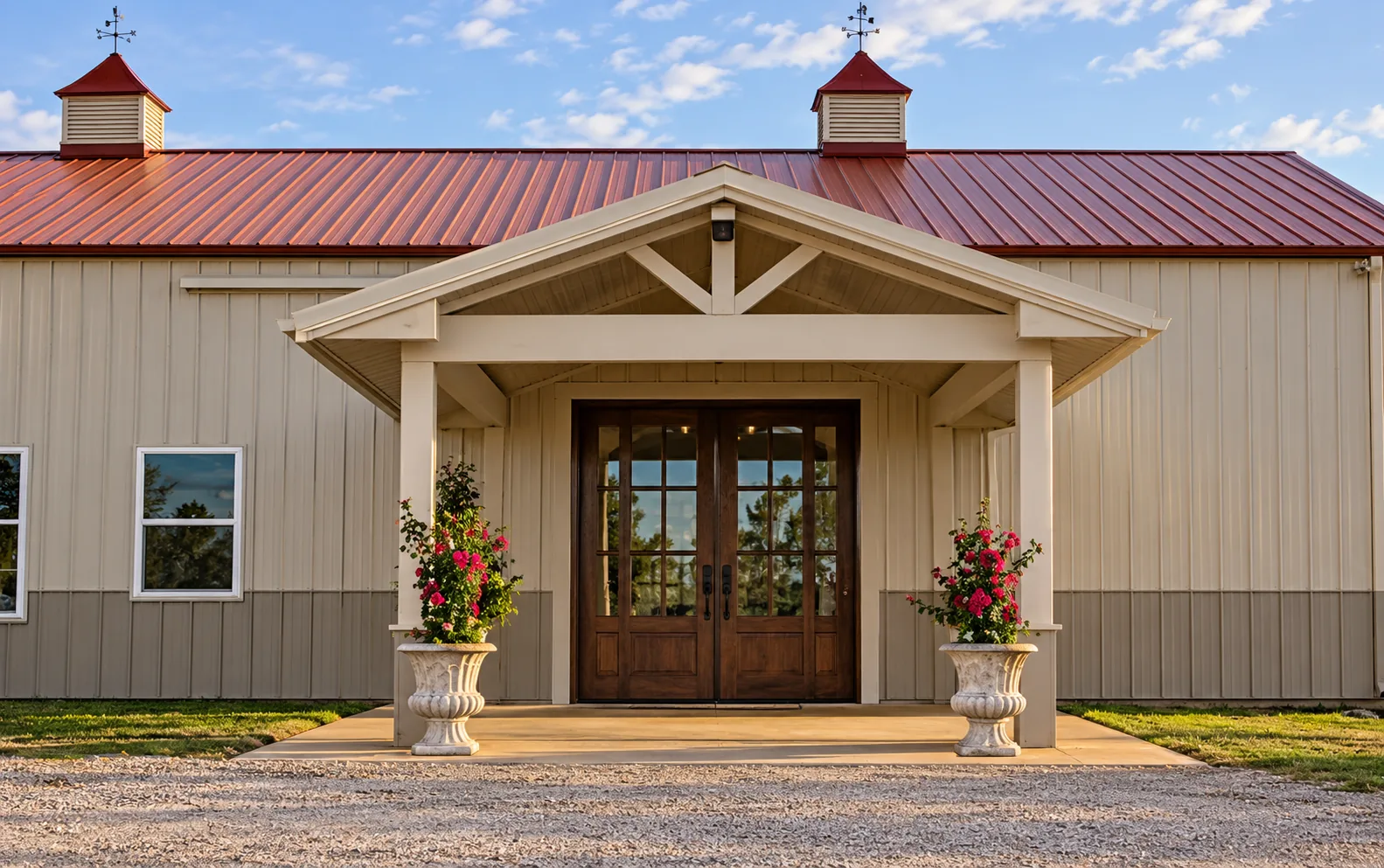 Close architectural view of the existing covered entrance at Texas AZ Paradise Ranch in Richmond, Texas.