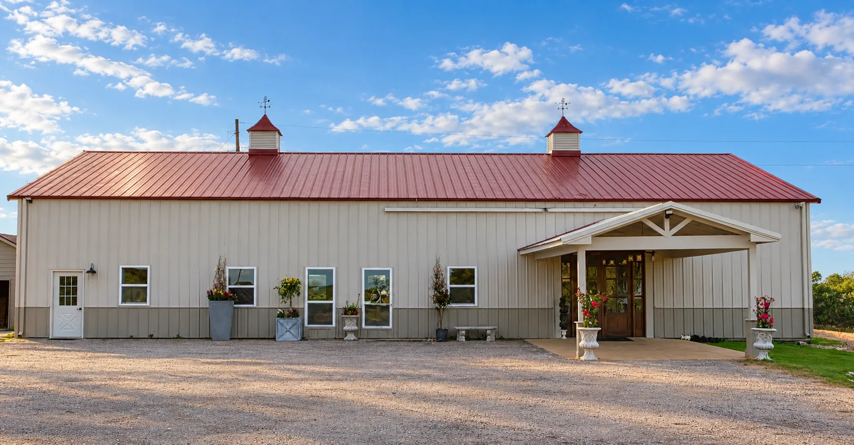 Front view of Texas AZ Paradise Ranch in Richmond, Texas, with its red roof and covered entrance.