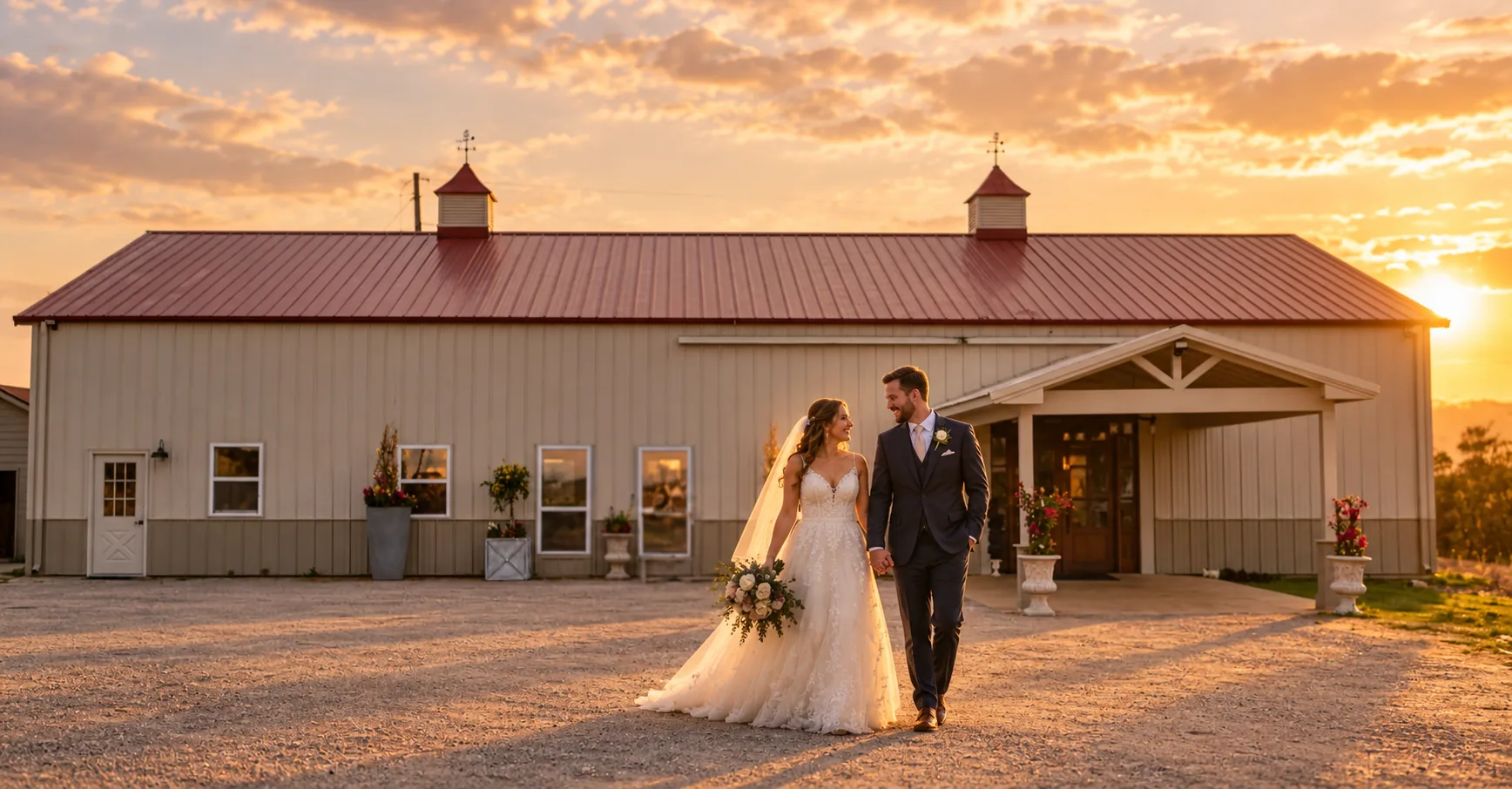 newlywed couple outside the real Texas AZ Paradise Ranch building in Richmond, Texas.