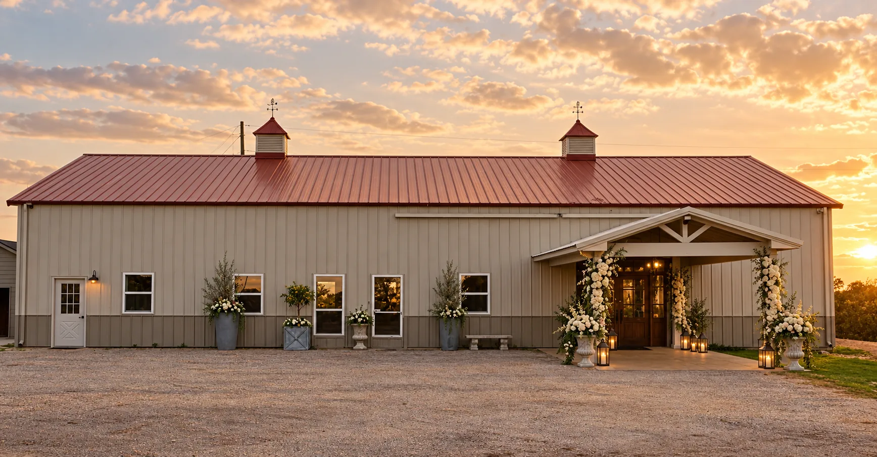 wedding floral decor around the existing covered entry at Texas AZ Paradise Ranch in Richmond, Texas.