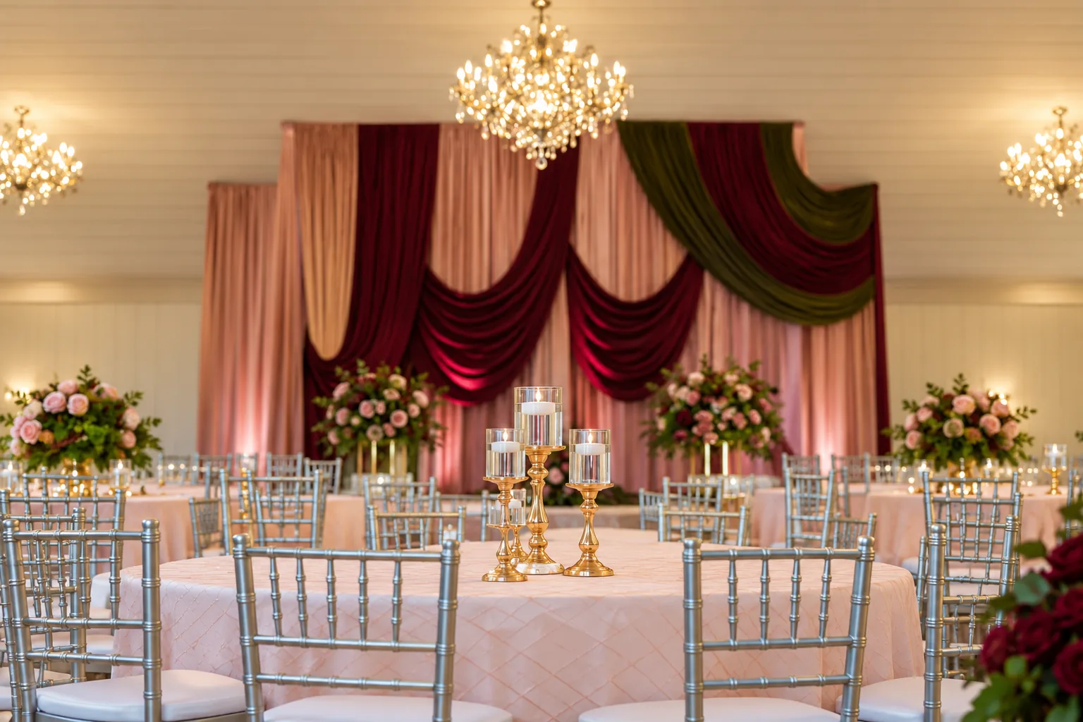 Blush banquet tables and silver chairs facing the burgundy ceremony backdrop in the Richmond ranch hall.