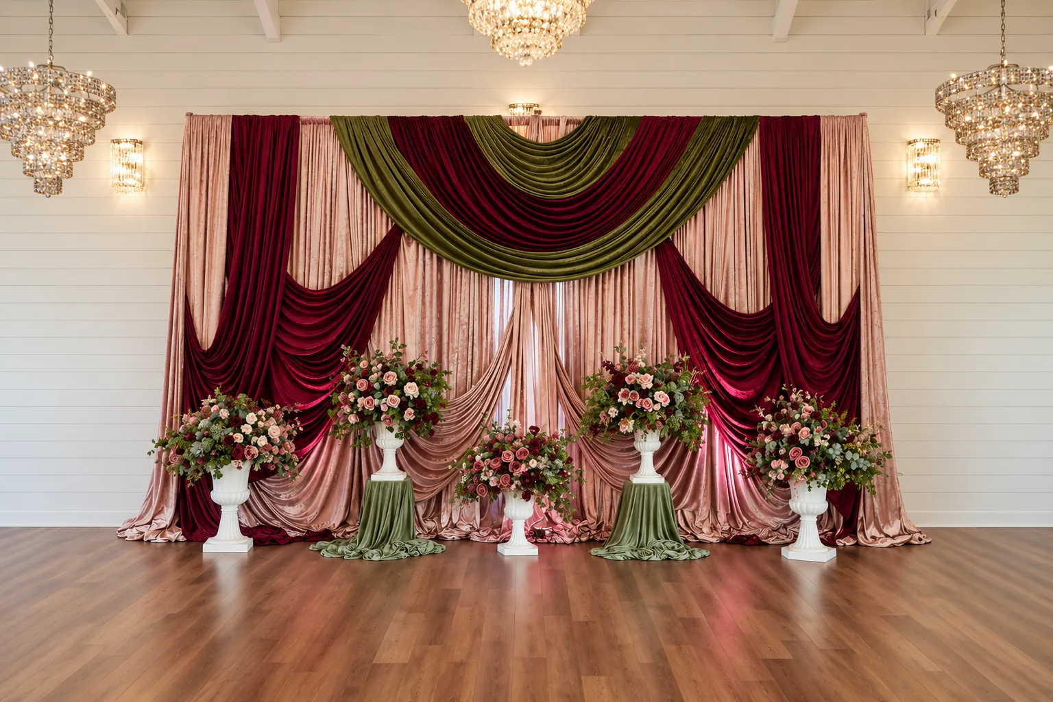 Burgundy, olive and blush ceremony drapery with flower urns inside the ranch hall in Richmond, Texas.