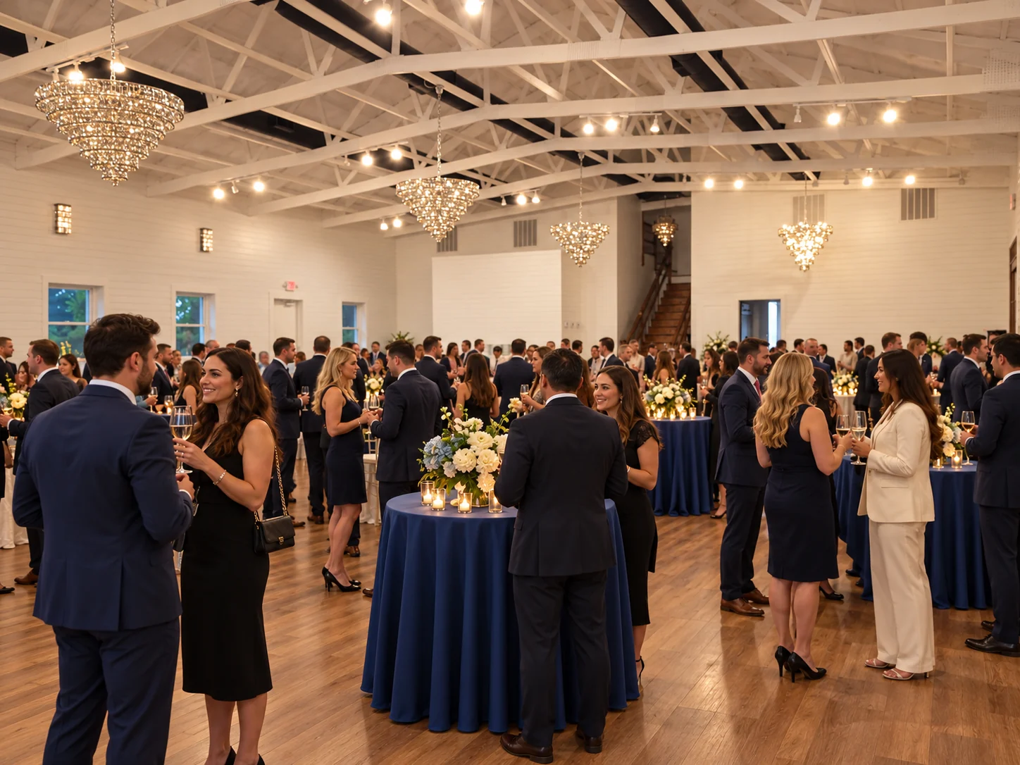 business reception with guests networking inside the Richmond ranch hall.
