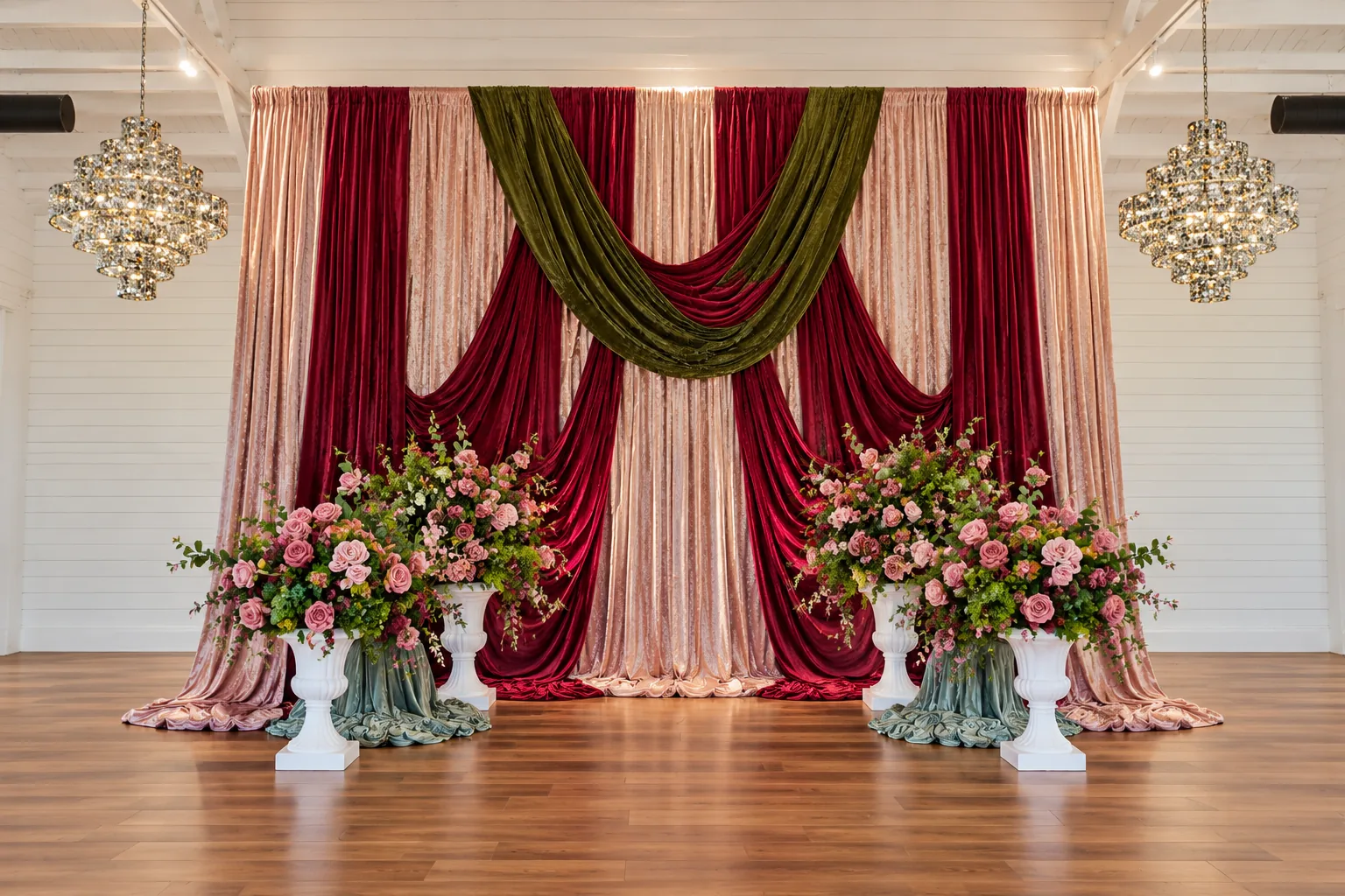 Burgundy and olive ceremony drapery and flowers against the ranch hall’s white wall in Richmond, Texas.