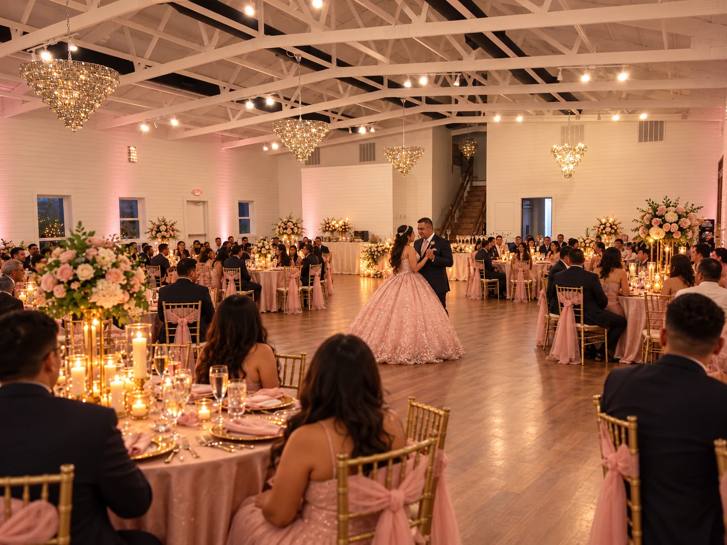 quinceañera celebration with blush decor inside the Richmond ranch hall.