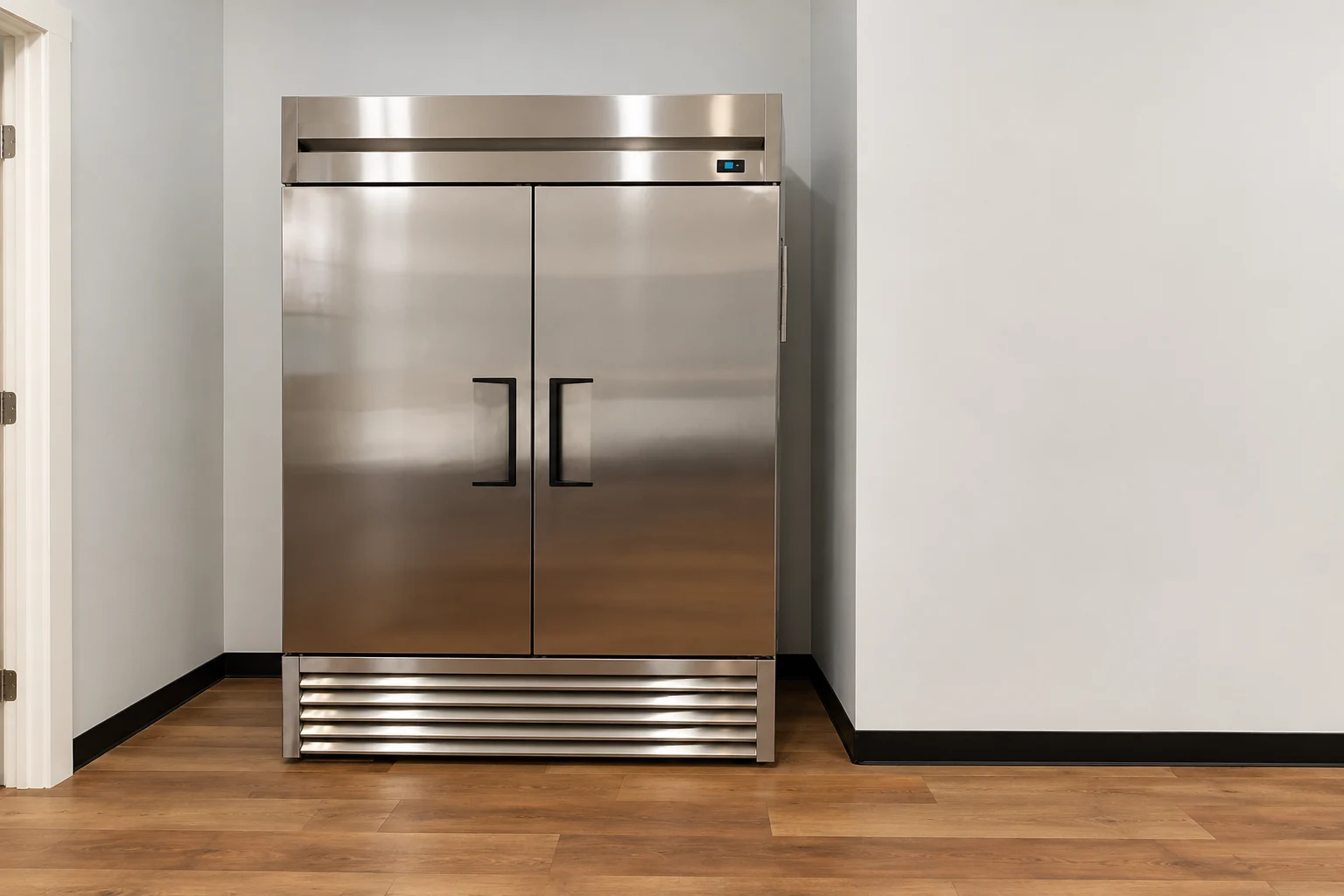 Double-door commercial refrigerator in the ranch catering kitchen