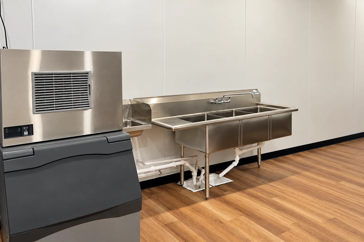 The ice machine and stainless wash station in the Texas AZ Paradise Ranch catering kitchen